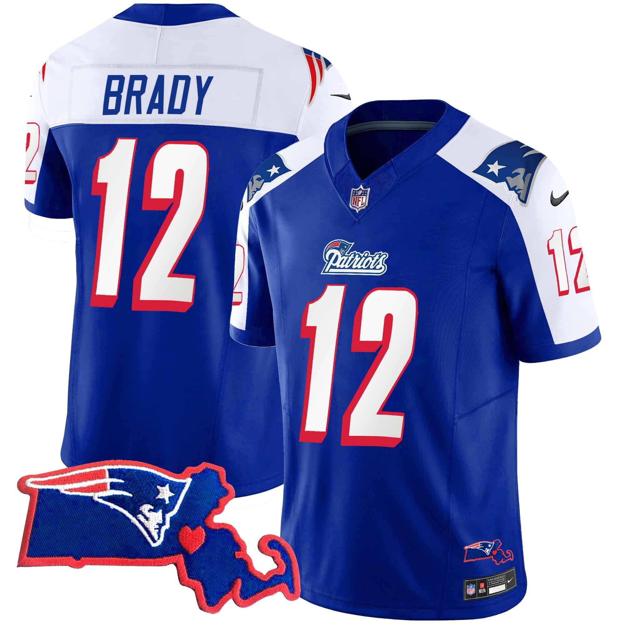 Men New England Patriots 12 Brady Blue 2024 Nike Patch Vapor Limited NFL Jersey